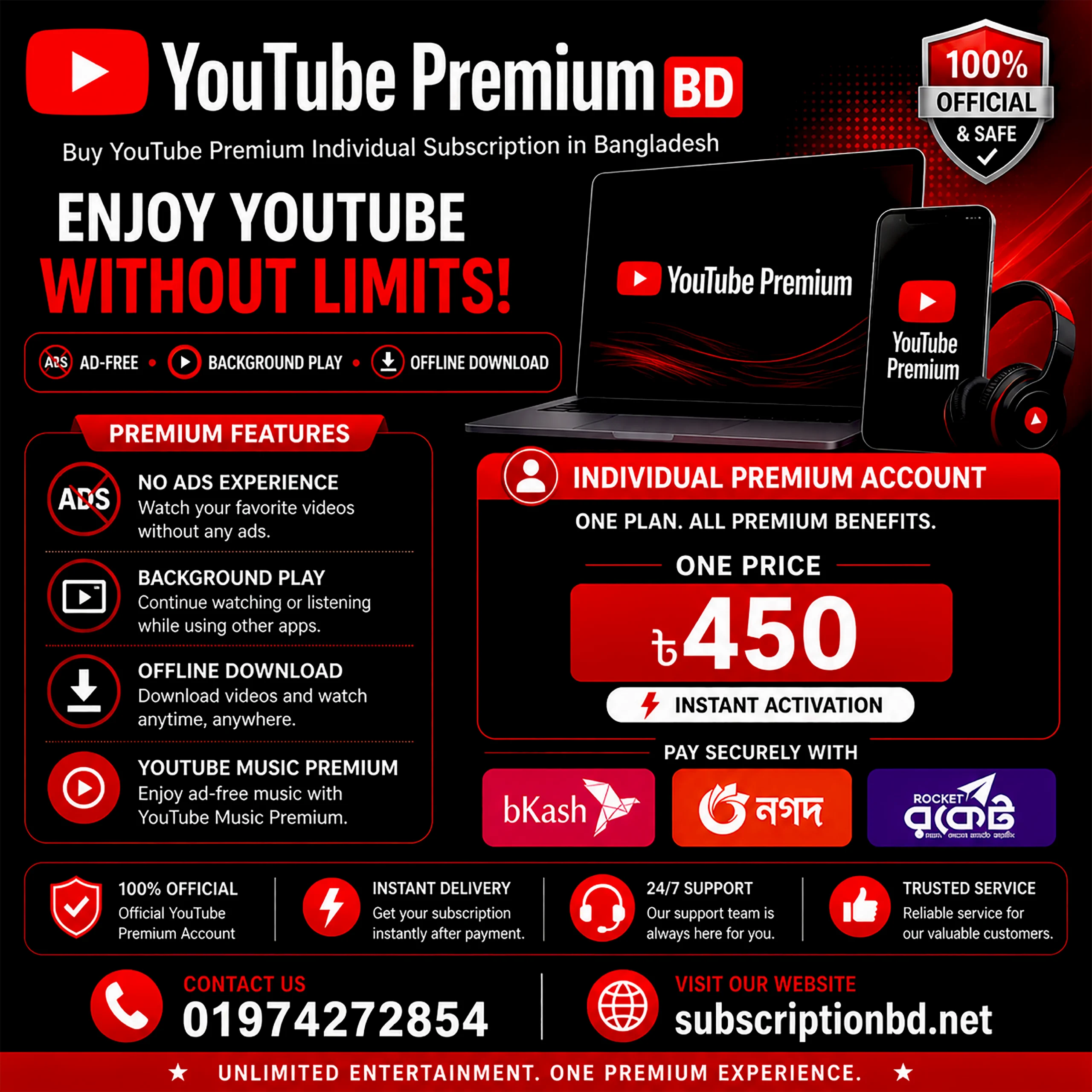 Buy YouTube Premium Individual subscription in Bangladesh