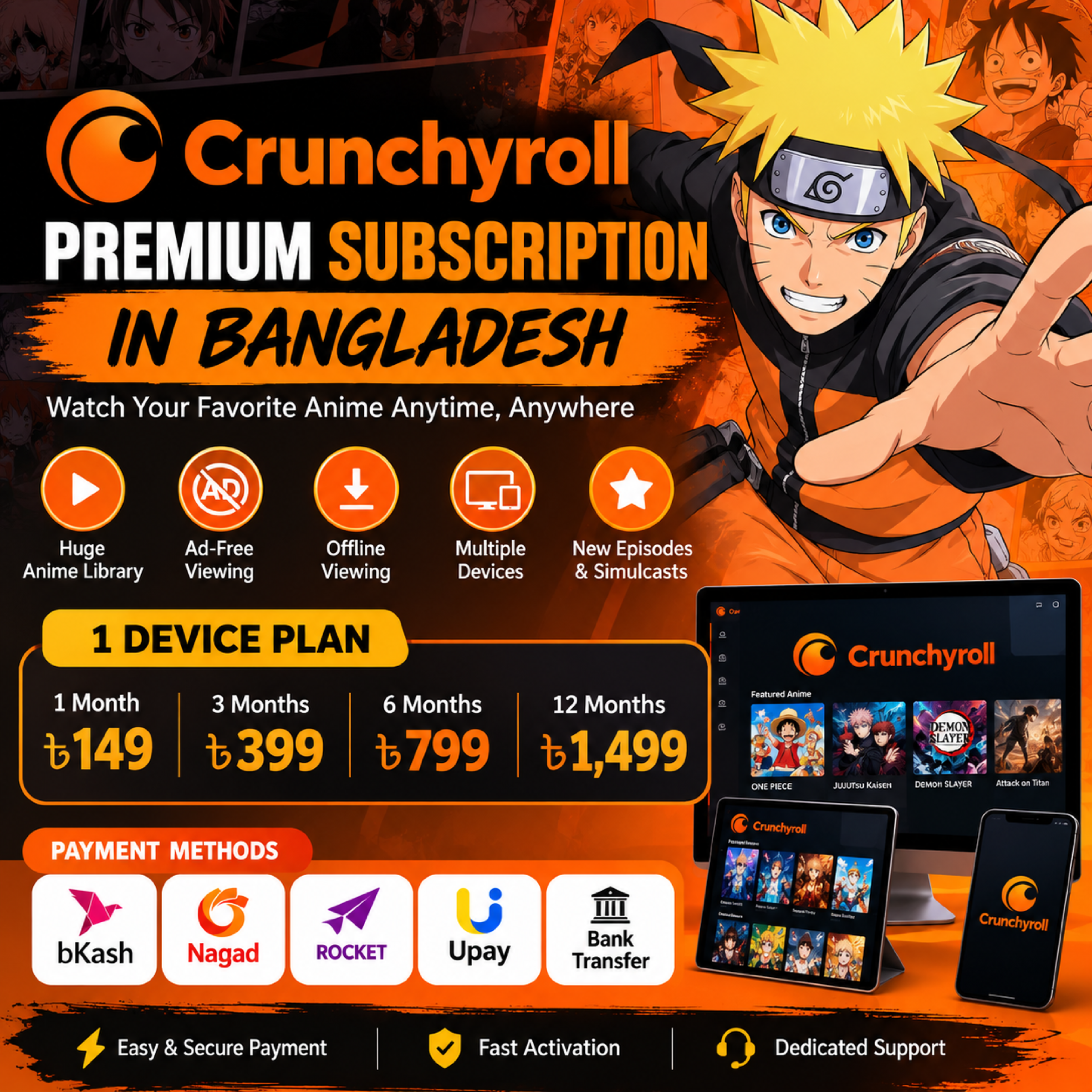 Buy Crunchyroll Subscription in Bd with bKash, Nagad